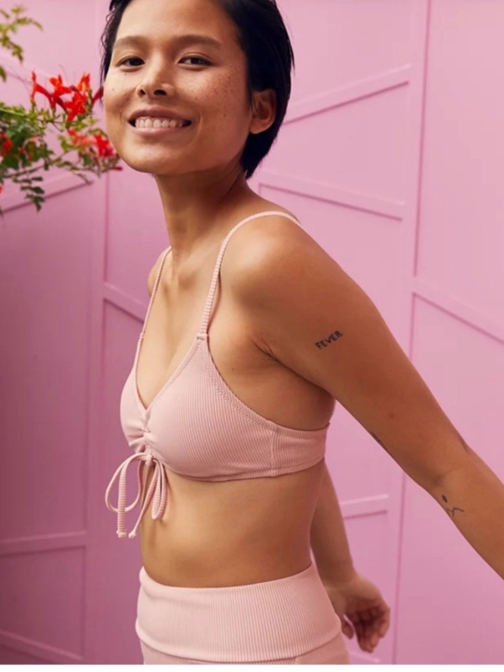 Aerie (L) Ribbed Tie-Front Bikini Top + High-Waist Bottom Set - Blush Pink